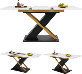 Rozkładany stół jadalny dla 4-6 osób - 120/160 x 80 x 75,4 cm - MDF + skrzyżowane nogi metalowe - Biały + czarny