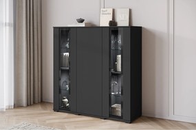 Nowoczesny highboard 120 cm – wysoka witryna do salonu z przeszkleniami, kolor czarny mat