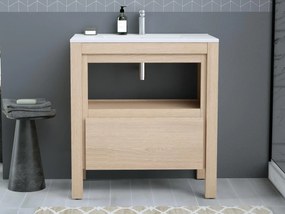 Szafka łazienkowa wisząca z umywalką do zabudowy - Okleina dębowa - 80 cm - COSMOTI