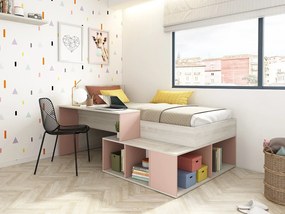 Łóżko piętrowe 90 x 200 cm  ze skrzynią i i biurkiem - Kolory: Naturalny i Różowy - RIGALI