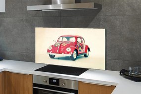Panel szklany do Kuchni Czerwony Samochód w Kwiaty