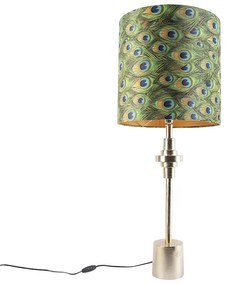 Lampa stołowa w stylu art deco ze złotym abażurem z aksamitu z wzorem pawia 40 cm - Diverso ArtDeco Oswietlenie wewnetrzne