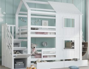 Łóżko piętrowe 90x200cm - z 2 szufladami - schody z miejscem do przechowywania - z oknami i dachem - Drewno lite + MDF - Biały (bez materaca)