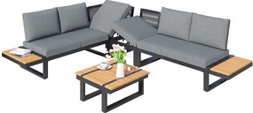 Zestaw mebli ogrodowych - 6 miejsc - ze stali ocynkowanej - narożna sofa - z stolikiem kawowym - blatem z drewna plastikowego - Szary