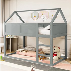 Łóżko piętrowe 90x200 cm - Łóżko dziecięce ze schodkami i barierką - Drewno - Szare