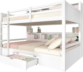 Łóżko piętrowe dwuosobowe z szufladą i regałami na książki - 90 x 200 cm - drewno sosnowe i płyta MDF - w zestawie stelaż listwowy - białe