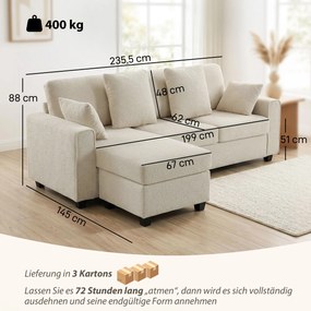 HOMCOM Narożna sofa z odwracalnym szezlongiem, 3-osobowa kanapa z aksamitnym wyglądem, szerokie i głębokie siedzisko, poduszki sprężynowe, beżowa | Aosom PL