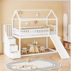 Łóżko piętrowe 90x200 cm - łóżko dziecięce z drabinką i zjeżdżalnią - białe - materac nie jest wliczony w cenę