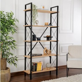 Elegancki regał na książki w kolorze dębu i czerni, 90 x 180 x 33,5 cm | Płyta wiórowa pokryta melaminą w 100%, metalowa rama | Możliwość mo