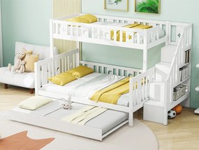 Łóżko piętrowe potrójne 90 x 200 cm + 140 x 200 cm + łóżko wysuwane 90 x 190 cm - lite drewno - stelaż w zestawie - białe