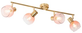 Candeeiro de teto Art Deco dourado com vidro rosa 4 luzes - Vidro