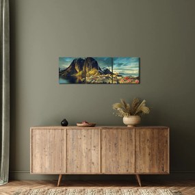 Obraz wioski rybackiej w Norwegii (z zegarem) (90x30 cm)