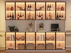 Nowoczesna witryna 240x34x200 cm - Oświetlenie LED - 12 drzwi szklane - Otwarta przestrzeń do przechowywania - MDF - Biały