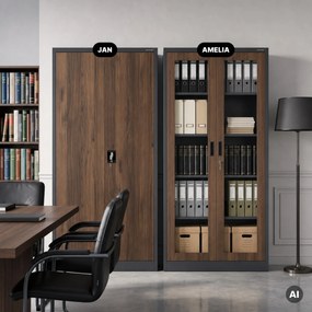 Witryna przeszklona metalowa wysoka z zamkiem antracytowa/orzech, 900x1850x400 mm: AMELIA Eco Design