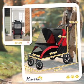 PawHut Składany Wózek dla Dużych Psów, Buggy dla Zwierząt z 4 Kołami, Smycze Bezpieczeństwa, Hamulce, Czarny