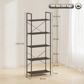 HOMCOM Regał na książki, stojący regał 5 półek, industrialny regał biurowy z metalowym stelażem, otwarty regał do przechowywania do salonu, biura, gabinetu, 60x30x170,5 cm, Czarny