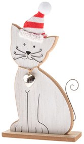 Drewniany kot z dzwoneczkiem i czapką z dzianiny, 29 cm