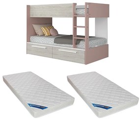 Łóżko piętrowe 2 x 90 x 200 cm - 2 szuflady - Różowy, biały i naturalny + Materac - TINOLI