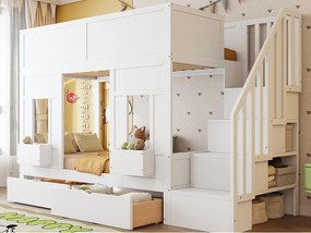 Łóżko piętrowe dziecięce 90 x 200 cm - z drabiną z pojemnikami - z 2 szufladami - z barierkami bezpieczeństwa - biały (materac nie jest wliczony w cenę)