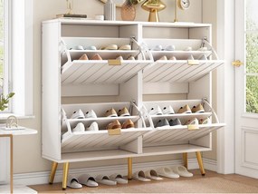 Szafa na buty 100x24x91,25cm - z 4 drzwiami uchylnymi - półka 8-poziomowa - uchwyt metalowy - Biały