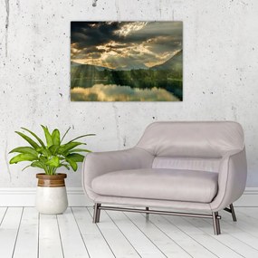 Obraz na szkle jeziora, przez które prześwieca słońce (70x50 cm)