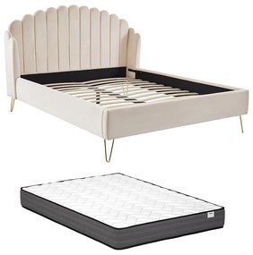 Łóżko 140 x 190 cm z zagłówkiem płotkiem - Welur - Beżowy + Materac - SAGALI