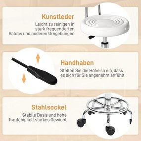 HOMCOM Stołek na kółkach, obrotowy i regulowany, z oparciem, tapicerka z ekoskóry, podnóżek, do stanowisk fryzjerskich, Biały | Aosom PL