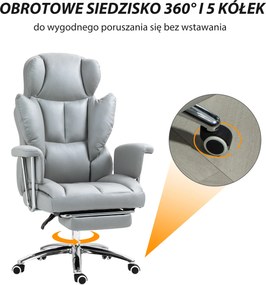 HOMCOM Ergonomiczne Krzesło Biurowe, Tapicerowane, z Podnóżkiem, Regulowana Oparcie, Obrotowe 360°, Jasnoszary