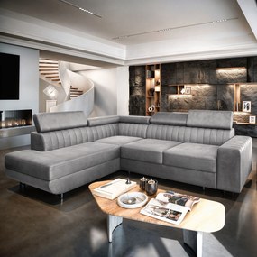 Masseno Narożnik NOLA z funkcją spania i pojemnikiem na pościel Narozniki L, Rozkładana sofa - Jasnoszary, MONOLITH 84