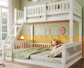 Łóżko piętrowe 90x200 cm + 140x200 cm - z drabiną - z barierką - biały (materac nie jest dołączony)