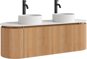 Wisząca szafka łazienkowa ryflowana z podwójną okrągłą umywalką nablatową ryflowaną i baterią – Jasny naturalny – S150 cm – LILIKO