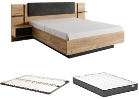 Łóżko z szafkami nocnymi 140 x 190 cm - Z oświetleniem LED - Naturalny i antracytowy + Stelaż + Materac - ELYNIA