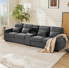 Sofa 4-osobowa - Sofa z 2 uchwytami na kubki i 2 ładowarkami USB - kieszeniami w podłokietnikach i 4 poduszkami - ciemnoszary len