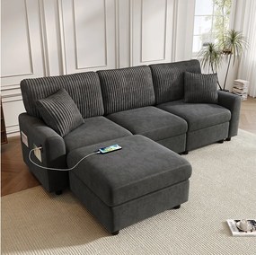 Nowoczesna sofa 3-osobowa - 223 x 146 x 84 cm - z 1 podnóżkiem + 2 poduszkami + USB + Type-C - welur - czarna