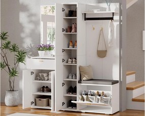 Zestaw szafy na ubrania 150x36x180cm - z 4 drzwiami i 1 szufladą - z lustrem i szafą na buty - z haczykiem - Biały