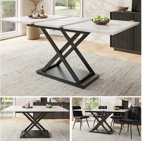 Rozkładany stół jadalny dla 4-6 osób - 120/160 x 80 x 75 cm - Nogi z płyty MDF i metalu - Blat z efektem marmuru - Kolor biały