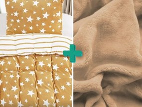PrzytulneMieszkanie.pl PrzytulneMieszkanie.pl PrzytulneMieszkanie.pl Pościel z mikropluszu GWIAZDY beżowa + prześcieradło z mikropluszu SOFT 90x200 cm beżowe
