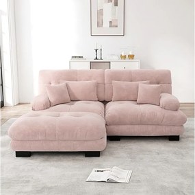 Sofa narożna 2-osobowa z tkaniny Chenille, z 4 poduszkami, zdejmowaną pufą, kombinacja DIY, 220x145x81cm, Różowy