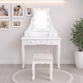 Toaletka retro z lustrem, taboretem i oświetleniem Noemi DT02, kolor biały