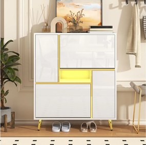 Biała szafka na buty z 16-kolorowym oświetleniem LED i złotymi nóżkami – idealna do salonów i przedpokojów