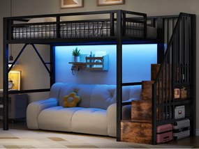 Łóżko na antresoli 90 x 200 cm - Konstrukcja stalowa - Oświetlenie LED - Drabina - Czarny​ (materac nie jest wliczony w cenę)