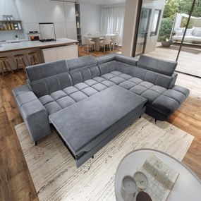 Masseno Narożnik MORIVA z funkcją spania i pojemnikiem na pościel Narozniki L, Rozkładana sofa - Szary, MONOLITH 85