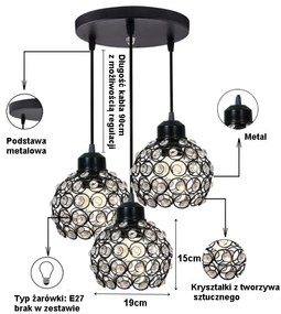 Lampa sufitowa z ażurowymi kloszami kryształkami wisząca AT10-3SZ-Black