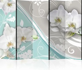 Parawan pokojowy 5-częściowy 225x172 Jednostronny dekoracyjny glamour romantyczny Szary Białe Orchidee Z Rosą