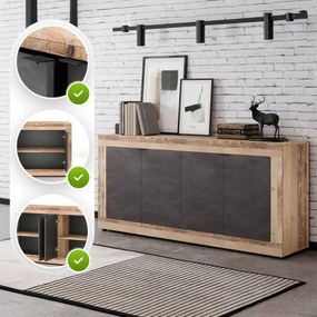 Komoda Czterodrzwiowa BLAGO 180 cm Czarny/Surowy Dąb Loft
