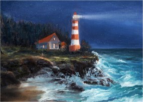 Obraz - Latarnia morska na brzegu oceanu, akwarela (70x50 cm)