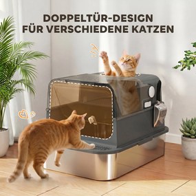 PawHut Kuweta ze stali nierdzewnej z pokrywą XXL 72L dla dużych i wielu kotów z podwójnymi drzwiami, szufelką i pedałem, odporna na przecieki | Aosom PL