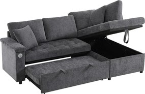 Narożnik w kształcie L z wysuwanym łóżkiem - z miejscem do przechowywania - ładowanie USB - 2 poduszki - Szary