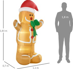 HOMCOM Nadmuchiwana dekoracja 183 cm – Piernikowy ludzik z kokardą, 3 LED, wbudowana dmuchawa