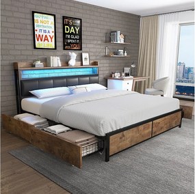 Łóżko tapicerowane 140 x 200 cm z 4 szufladami i zagłówkiem - LED-y - Metal, drewno i skóra ekologiczna - Kolor czarny i drewniany